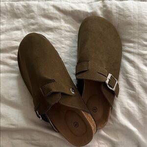 Olive Green Suede Buckle Slip-On clogs